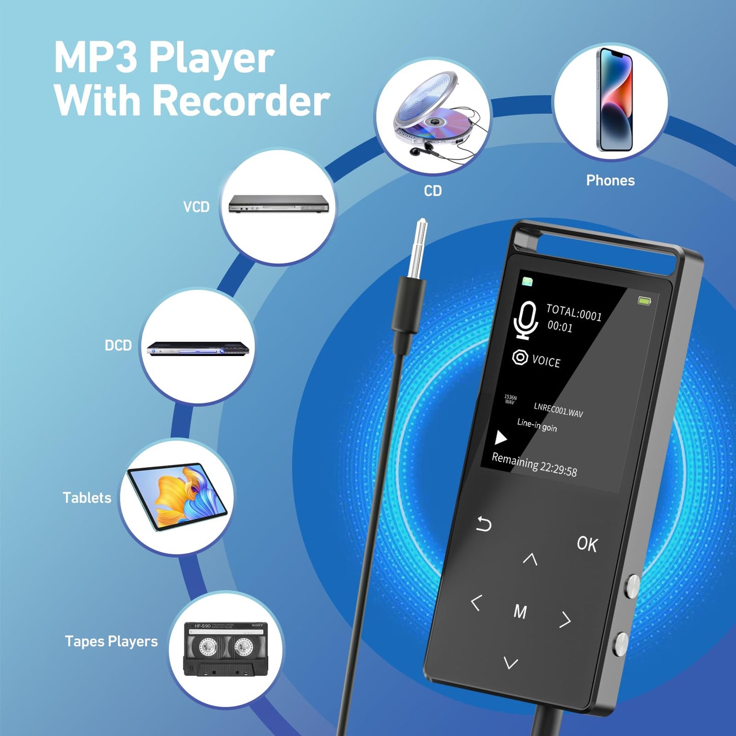 MP3 Player, 128GB MP3 Player Bluetooth 5.3, Built-in Speaker to Restore High-Fidelity Sound Quality, with FM, One-Click Recording, Wire Controlled Headset, Easy to Carry, for Sports
