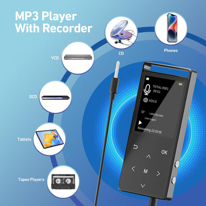 MP3 Player, 128GB MP3 Player Bluetooth 5.3, Built-in Speaker to Restore High-Fidelity Sound Quality, with FM, One-Click Recording, Wire Controlled Headset, Easy to Carry, for Sports