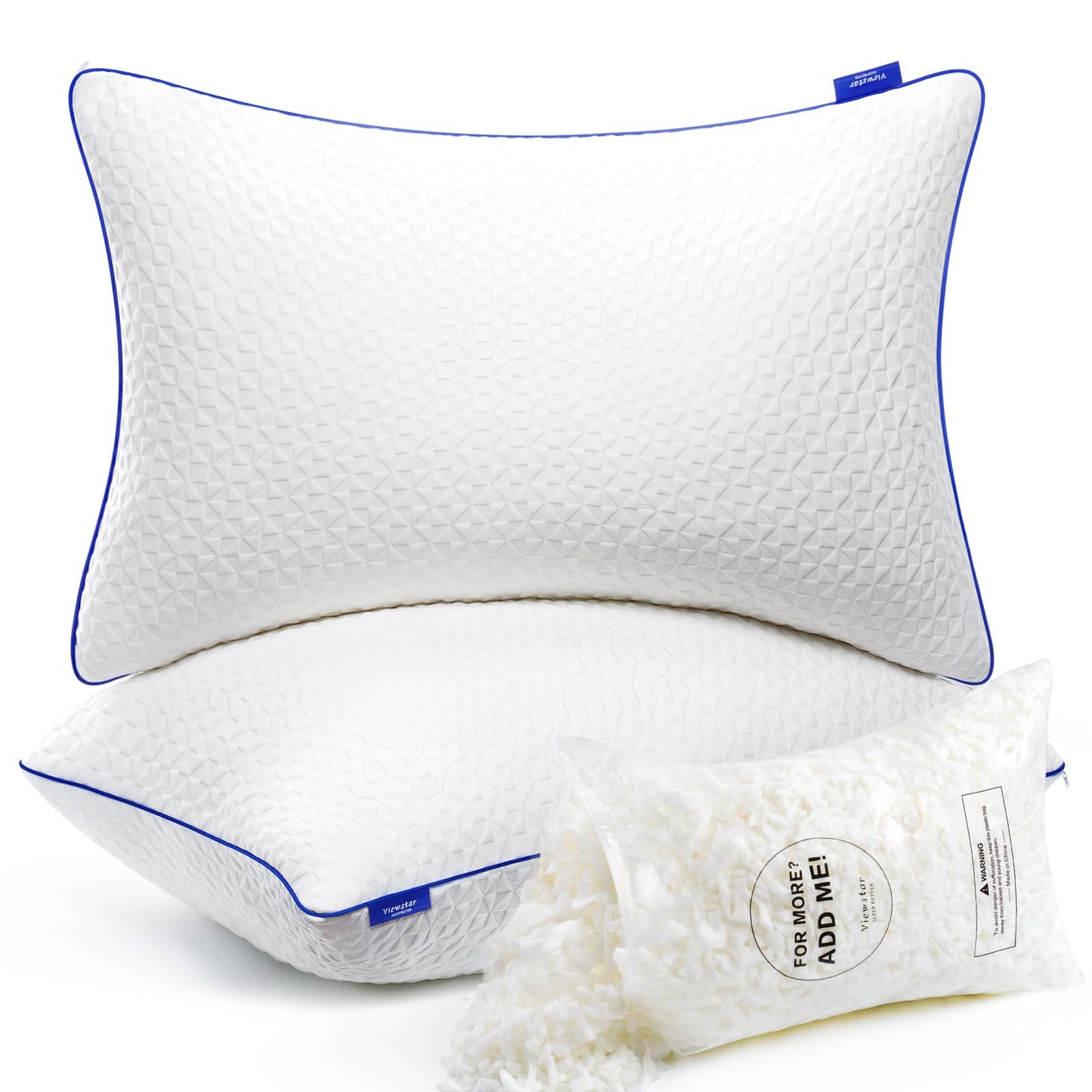viewstar Shredded Memory Foam Pillows Queen Size Set of 2, Adjustable Firm Pillows for Side Back Stomach Sleepers, Bed Pillows with Washable Removable Cover 19"x 28"