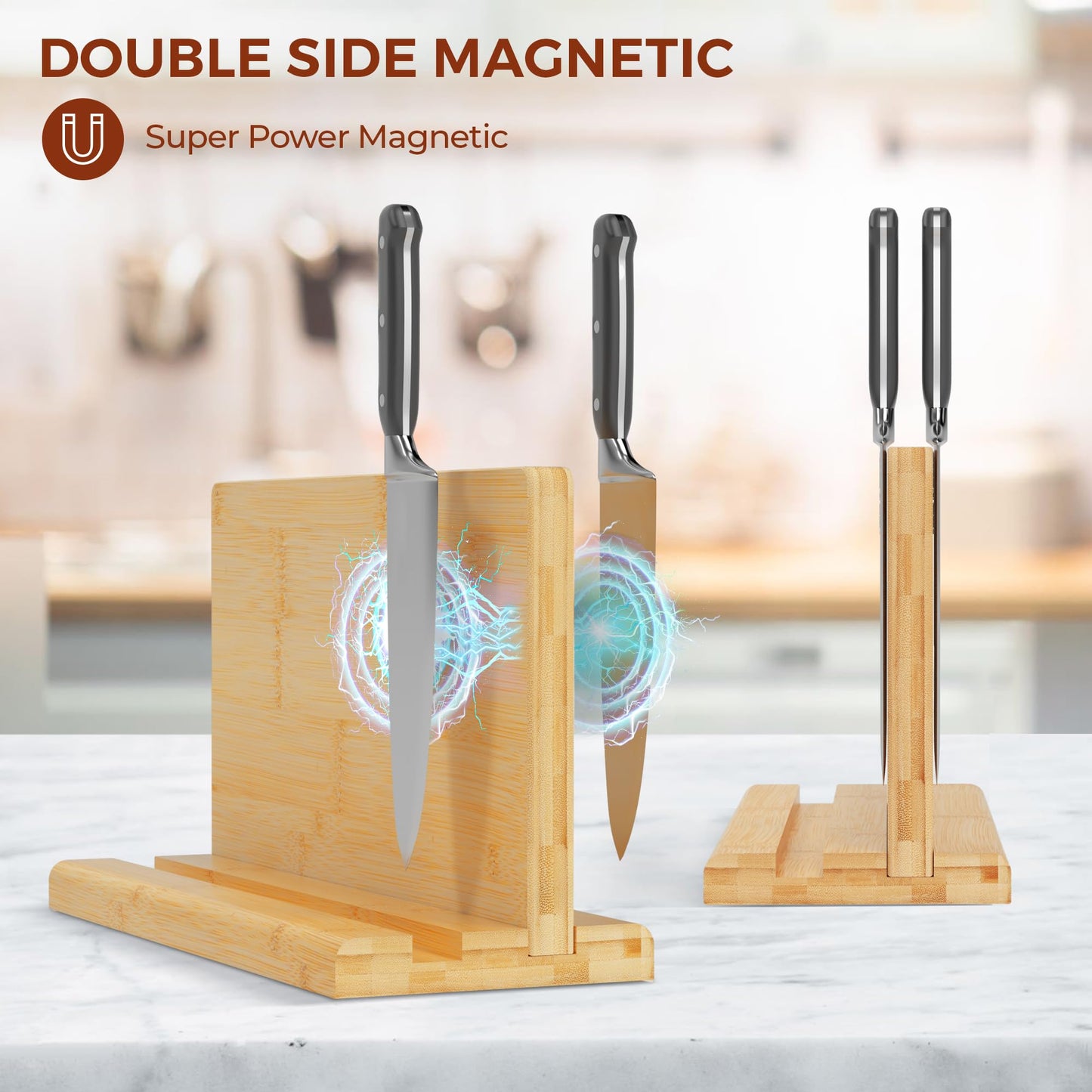 Magnetic Knife Block for up to 16 x 9″ Knives - Powerful Double-Sided Bamboo Magnetic Knife Holder with Cutting Board with Knife Sharpener, Easy-Access Kitchen Knife Storage - Supplied Without Knives