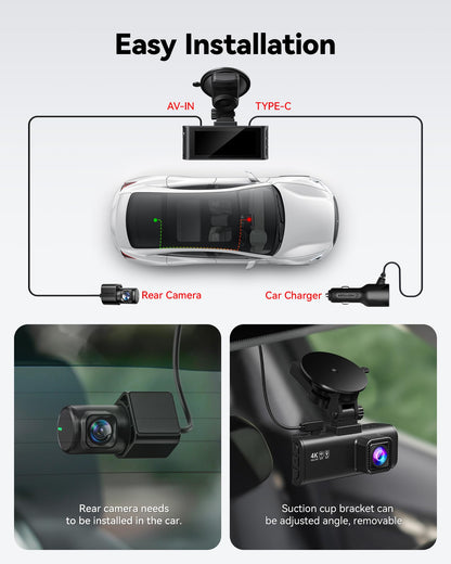 4K Dash Cam Front Rear with Wi-Fi & GPS