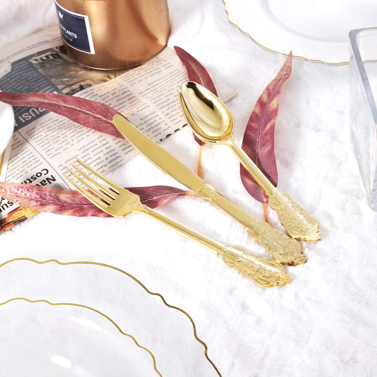 WDF 30Guest Clear and Gold Plastic Plates with Gold Plastic Silverware include 30 Dinner Plates,30 Salad Plates,30 Forks, 30 Knives,30 Spoons,30 Cups for Thanksgiving