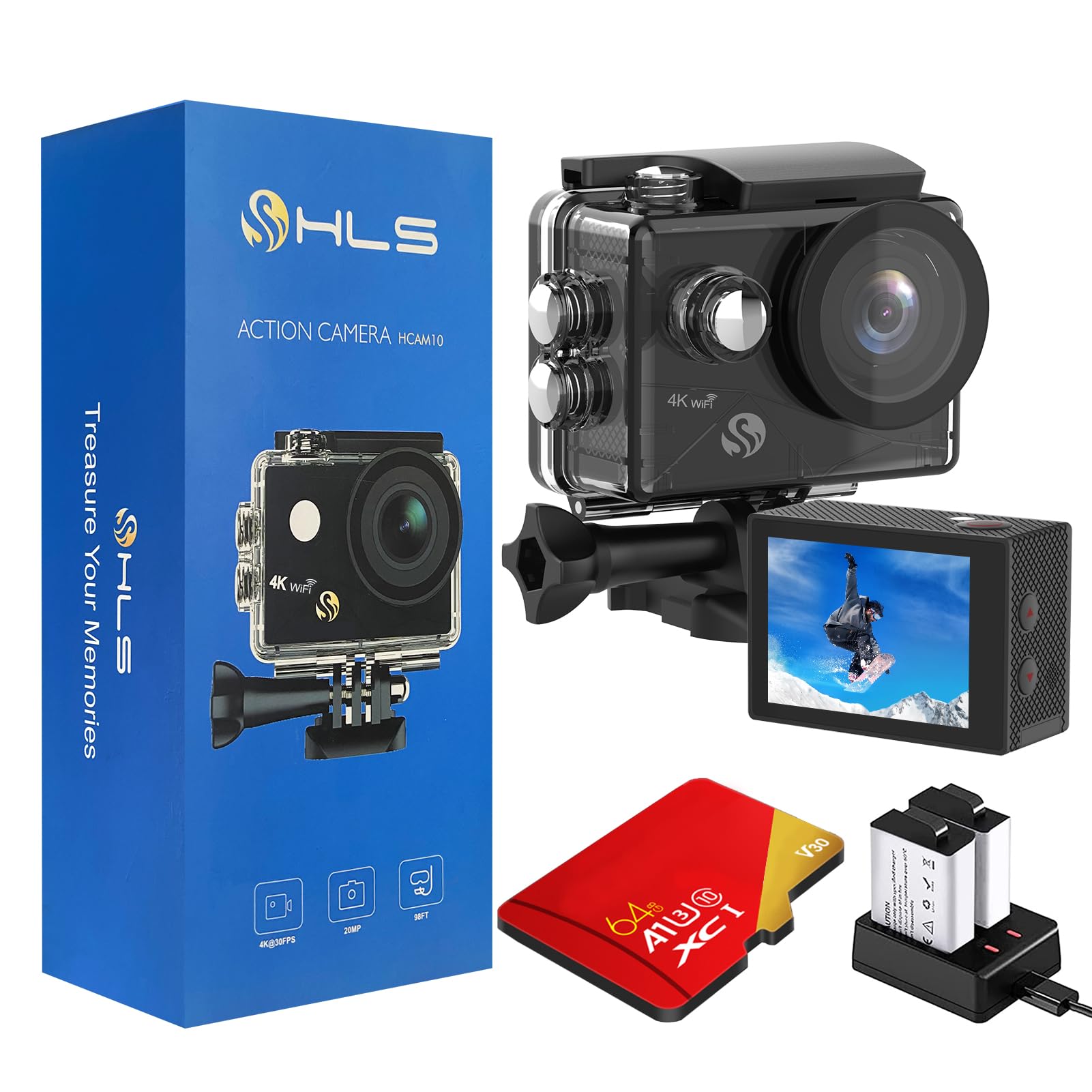 HLS Sport Action Camera 4k30FPS with 2 Batteries 1350mAh & 64GB TF Car