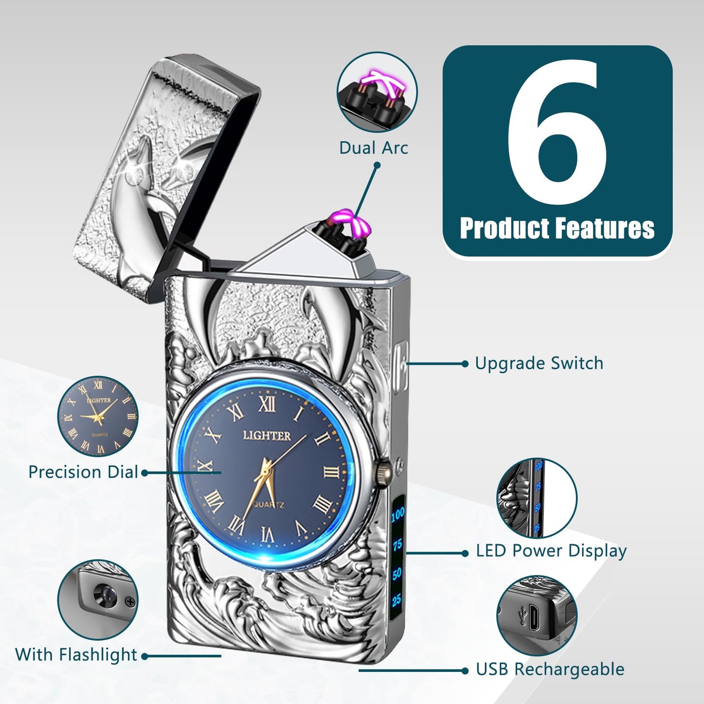 USB Rechargeable Plasma Arc Lighter with Clock Dial and Flashlight