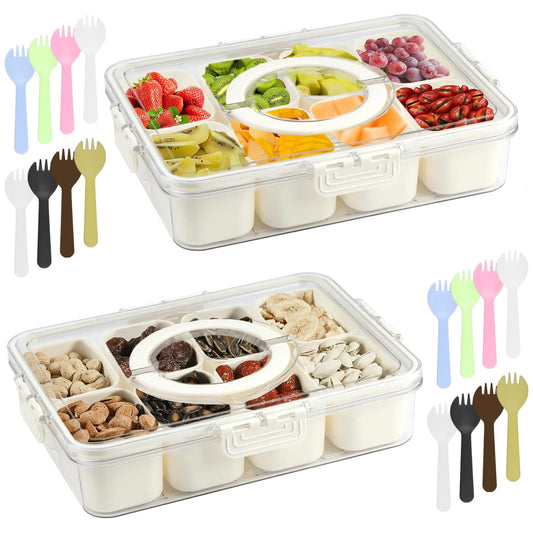 Divided Serving Tray with Lid and Handle, Portable Snackle Box Charcuterie Container with 16 Compartments & 16 Forks, Snack Container for Party, Fruit, Nuts, Candy, Entertaining, Picnic, 2 Pack