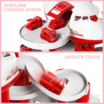iHaHa Firetruck Garage Parking Lot Playset Toy Airplane with 14 Road Signs 4 Inertial Cars 1 Map