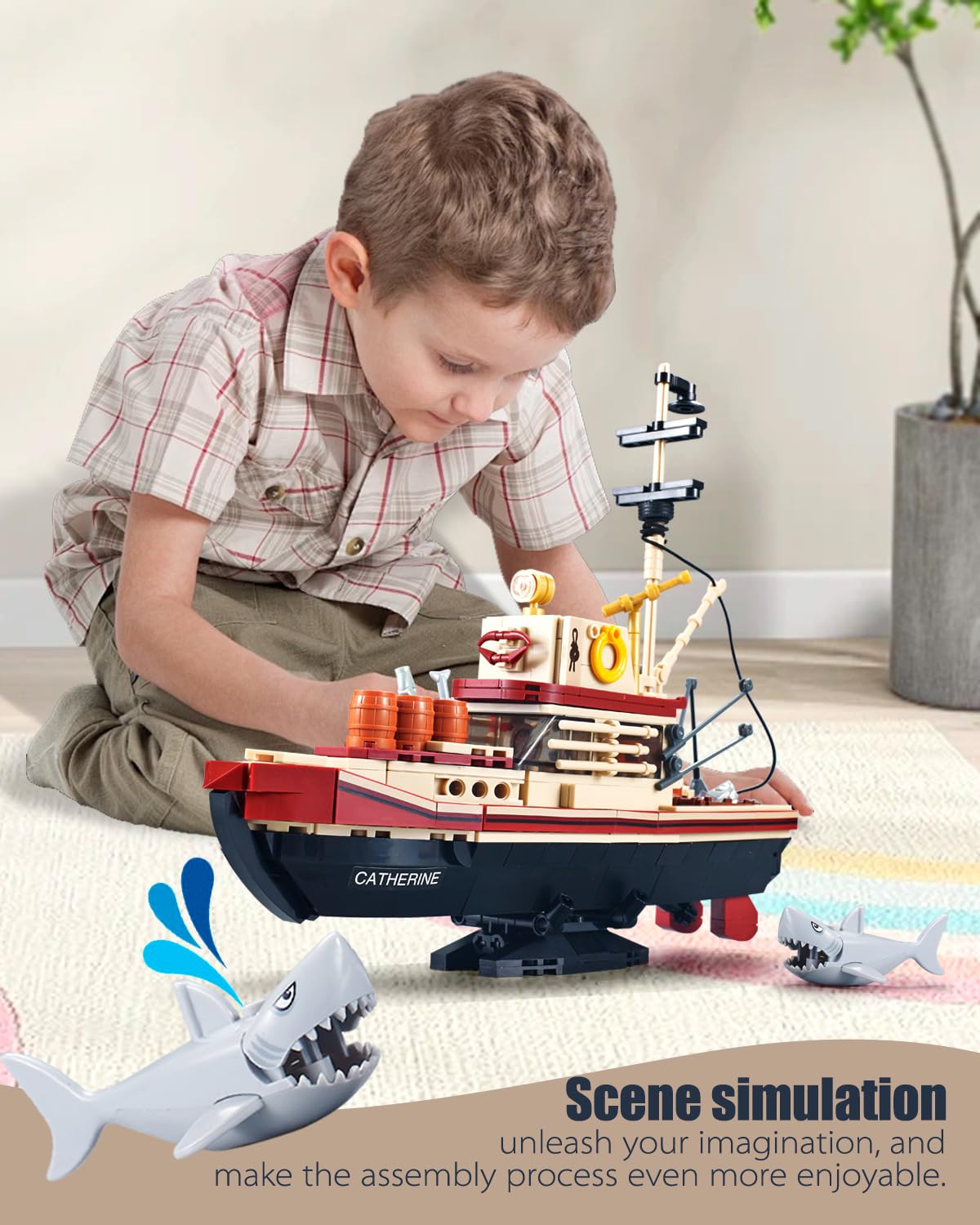 TIALLOW City Fishing Boat Building Blocks Kit, Ship Toy Set for Ocean Exploration Enthusiasts, Includes Shark, Fishing Rods, and Scene Simulation, Boys and Girls Ages 6 and Up (592 Pieces)