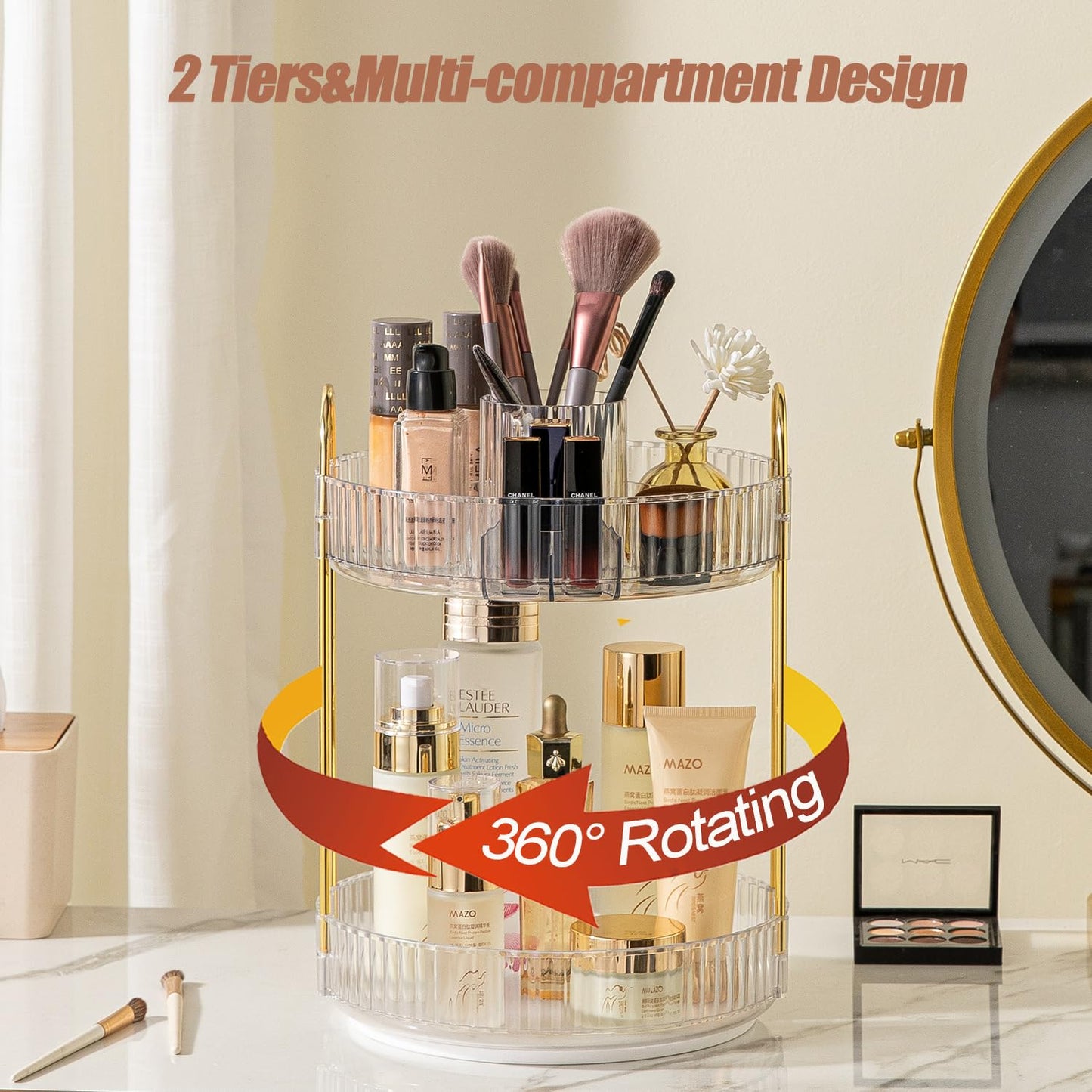 360 Rotating Makeup Organizer for Vanity, Menoeceus Spinning Bathroom Countertop Organizer Cosmetic Display Cases Makeup Tray for Skincare Organizers with Lipstick Organizer (2 Tiers Transparent)