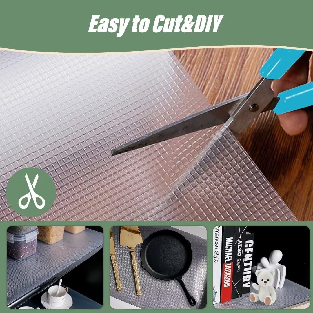 Uthvouxy Shelf Liner and Drawer Liner,Cabinet Liner, Non-Slip Shelf Liners for Kitchen Cabinets,Waterproof Shelf Paper with Modern Pattern, Durable EVA Cabinet Liners,17.7x120In,Square Clear