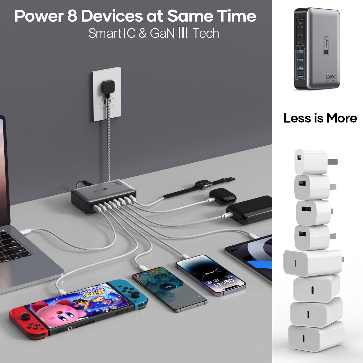 200W USB C Fast Charger Station with 8 Ports