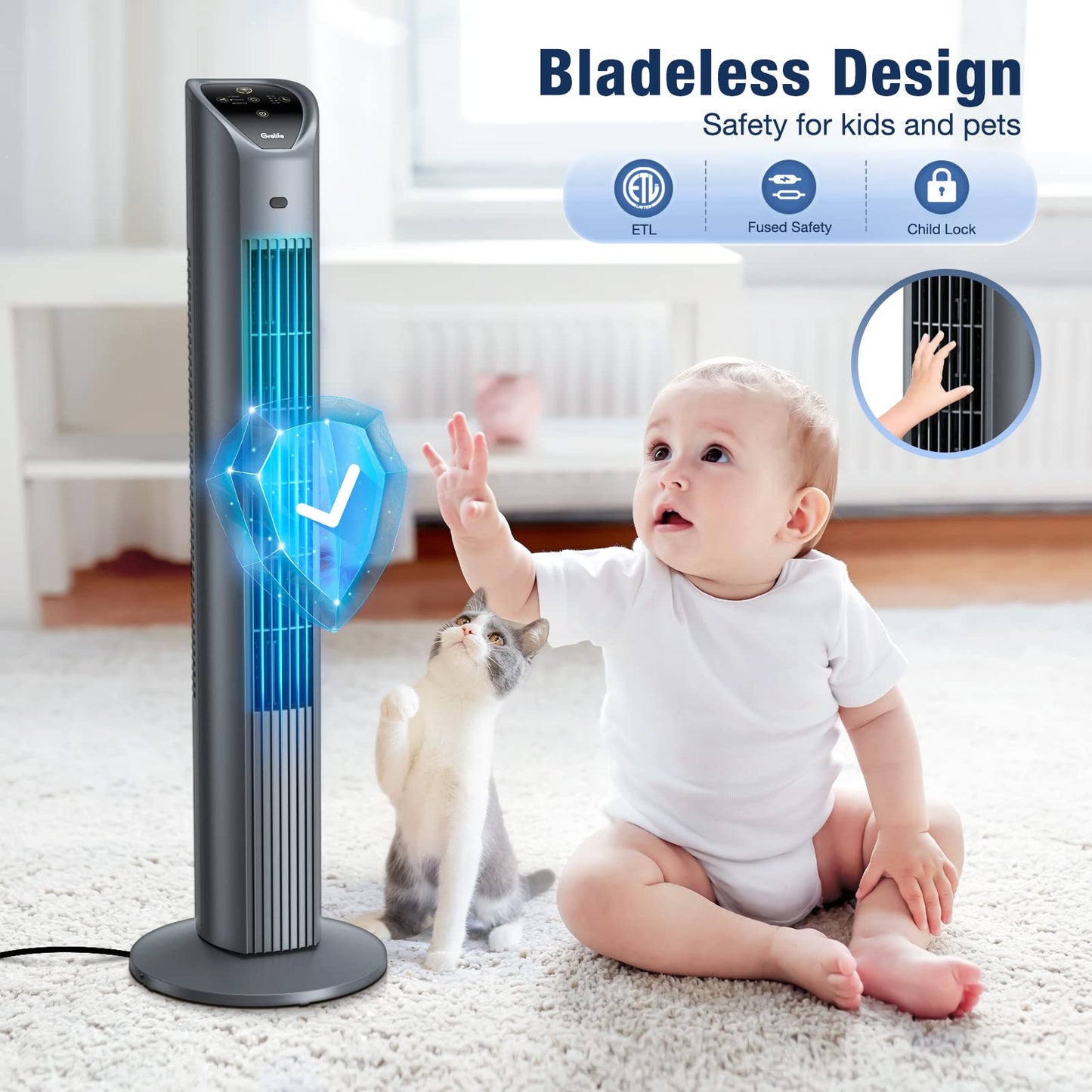 VCK Tower Fan, 80° Oscillating Fans with Remote, 36'' Quiet Cooling Fan,Adjustable 3 Speeds,4 Mode,12H Timer, LED Display with Auto Off,Standing Bladeless Floor Fan for Bedroom Home Office