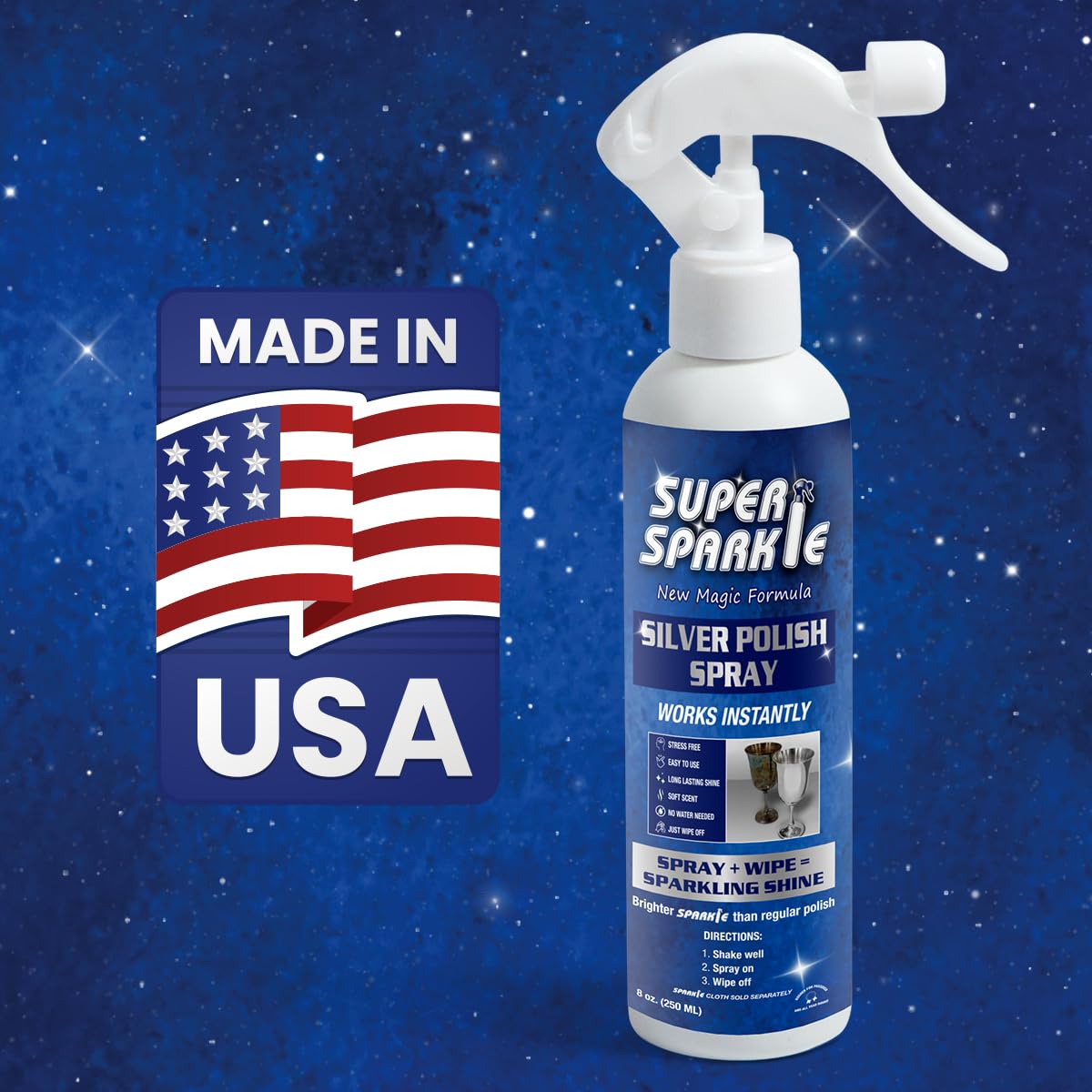 SUPER SPARKLE Silver Polish Cleaner Spray 8 Ounce - Instant Tarnish Remover & Long-Lasting Shine For Sterling Silver - Silver Cleaner Polish For Sterling Silverware - Safely Cleans & Removes Tarnish