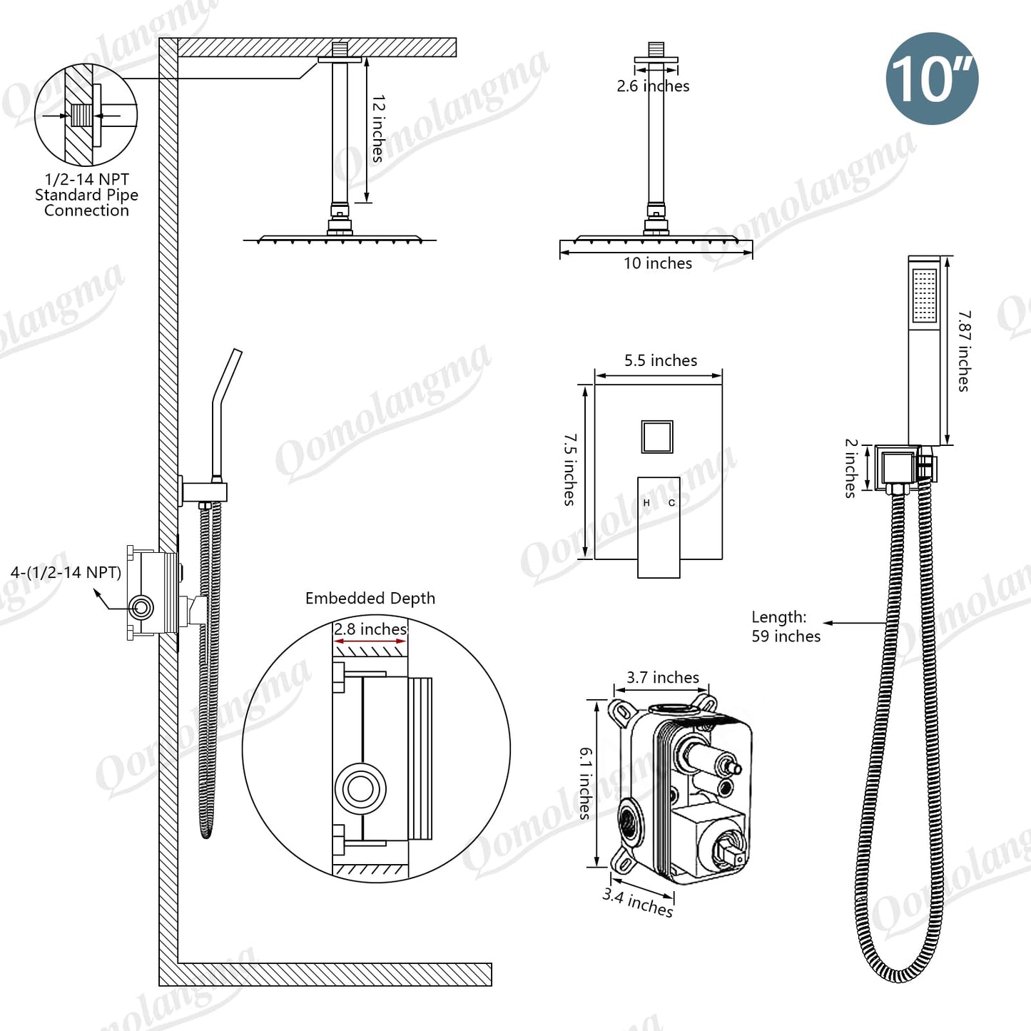 Qomolangma 10 inch Rain Shower System, Ceiling Mounted Bathroom Shower Faucet Set with Pressure Balance Valve, 2-Functions Shower Systems with Rain Shower and Handheld Spray Shower Trim Included