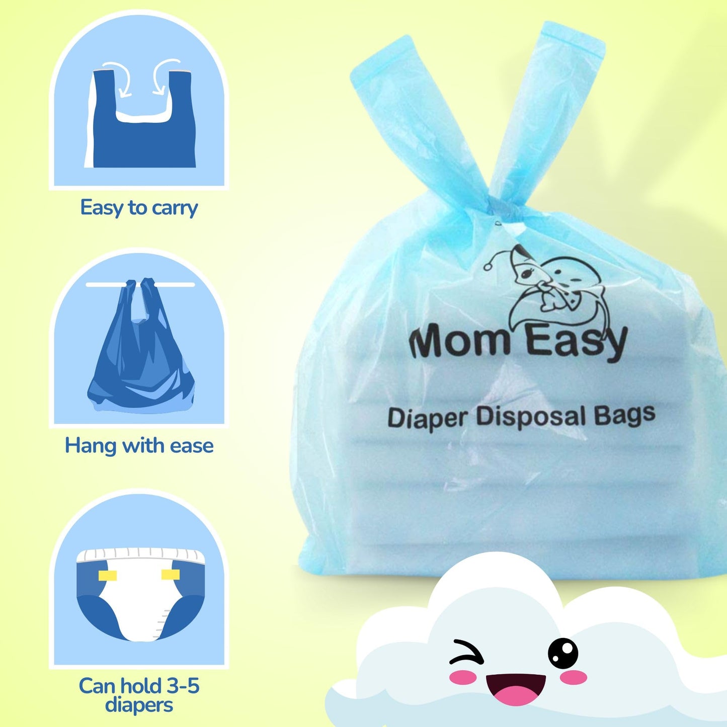 MOM EASY 600 Count Disposable Diaper Bags, 8 x 15 Inch, Unscented, Double Seamed, With Tie Handles, For Baby Waste