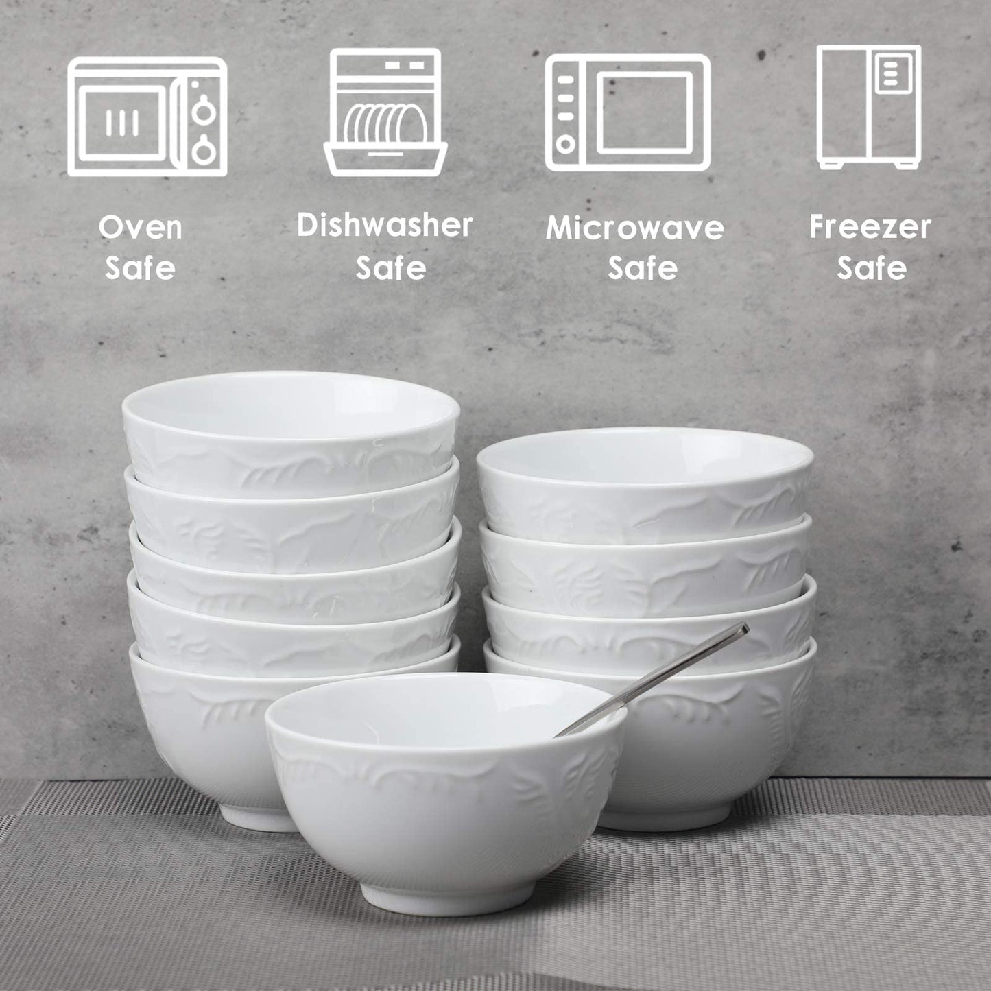 amhomel Cereal Bowls Set of 10 with Embossed Texture, Porcelain Soup Bowls, 11 Ounce for Ice Cream Dessert and Condiment, Lead-Free, Dishwasher & Microwave Safe - White, 4.5 Inch