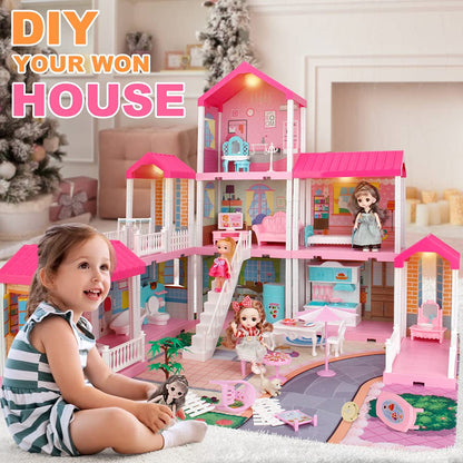 Dollhouse Building Toy Set with 5 Lights,3 Dolls& 2 Pets Princess Doll House and Furniture,Accessories,Stairway,Best STEM Pretend Play Toys for Girls Toddlers 27.7" Tall (9 Rooms)