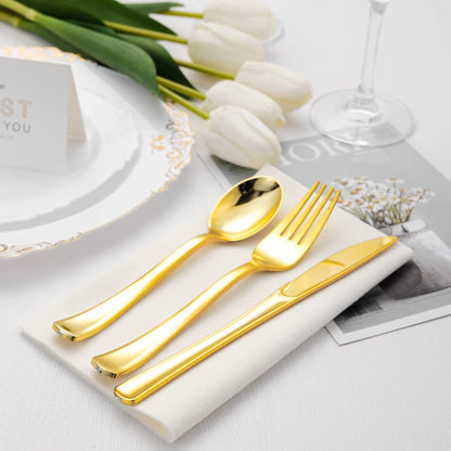 Lullaby 320pcs Gold Plastic Silverware, Gold Disposable Silverware Include 120 Forks, 100 Spoons, 100 Knives, Gold Plastic Flatware, Gold Cutlery Set Disposable for Weddings, Party and Daily Use