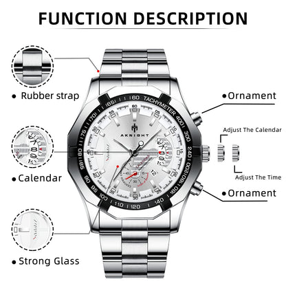 BY BENYAR AKNIGHT Watches for Men Quartz Movement Watch，Waterproof Luminous Men's Watch, Stainless Steel Strap Business Watches