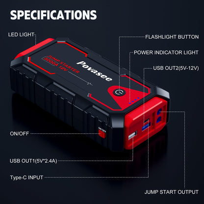 Povasee 3000A Jump Starter with Power Bank