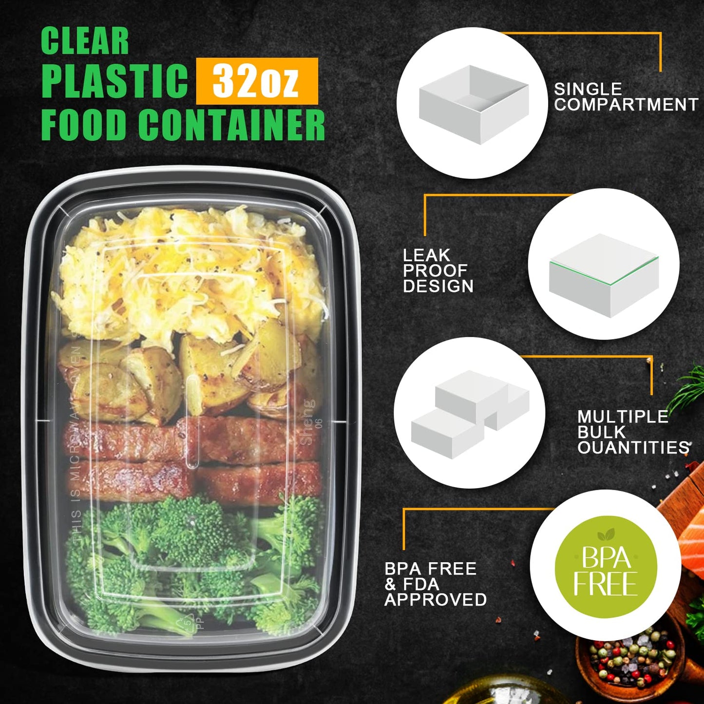 32 oz Meal Prep Containers, 50 Pack, BPA Free