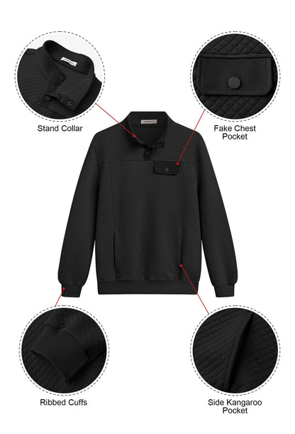 hawalili Mens Button Pullover Quilted Sweatshirt Casual Long Sleeve Mock Neck Sweater Polo with Pocket Black Small