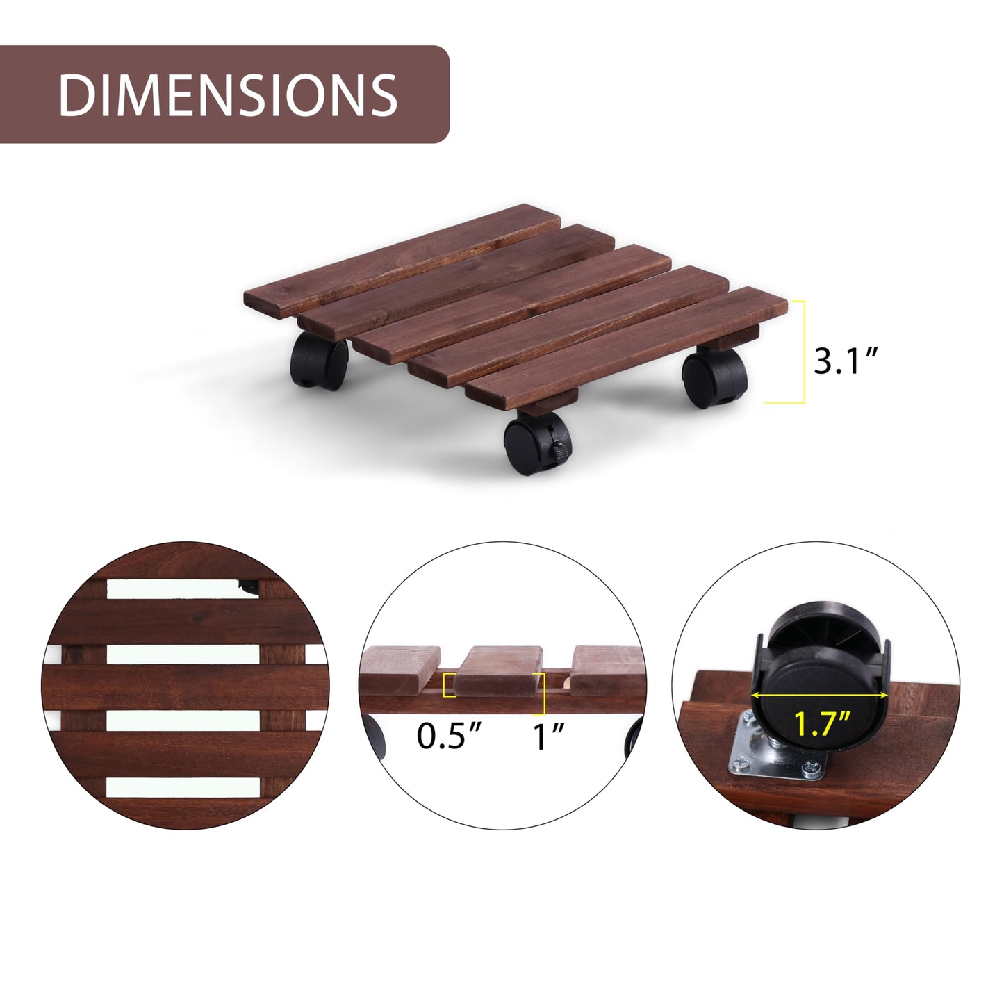 Acacia Wood Plant Caddy with 360 Wheels, Set of 2
