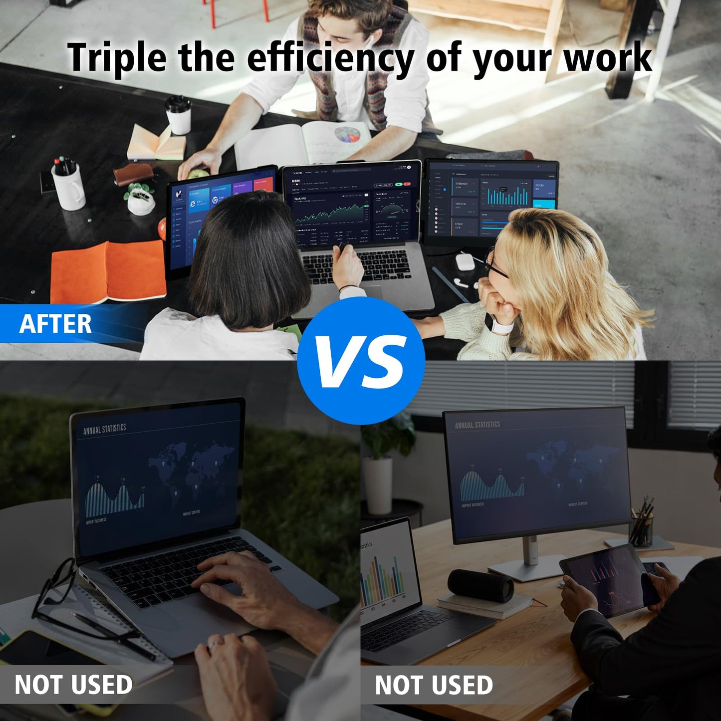 Laptop Screen Extender Triple Monitor - 14" Portable Monitor FHD 1080P Tri-screen Attachment Extended for Laptop Extra Screen Compatible with Windows Mac Dex Chrome Travel Work Fits 13-17" Laptops