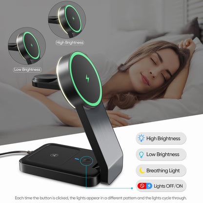3 in 1 Magnetic Wireless Travel Foldable Charger Stand Dock with Light for Apple Products, Portable Mag-Safe Charging Station, Compatible with iPhone 15/14/13/12 Series,Apple Watch,Airpods