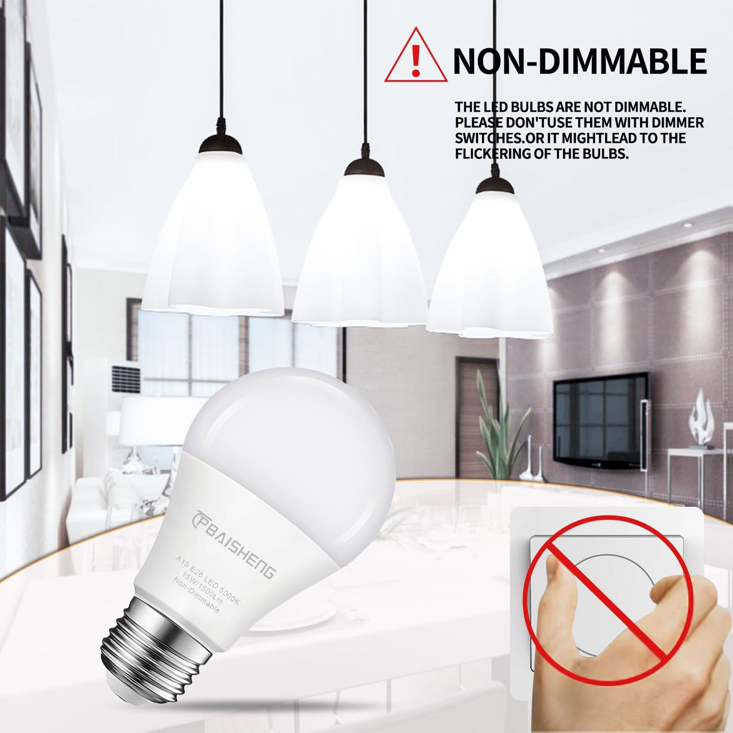 TPBAISHENG 15W LED Light Bulbs 100 Watt Equivalent, No Flicker, 1500 Lumens, 5000K Daylight Super Bright 100 Watt Equivalent Light A19 LED Bulb, Non-Dimmable, E26, CRI 85+, 30000+ Hours (6, 5000K)