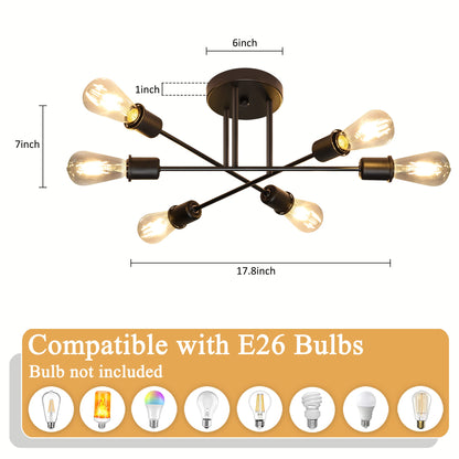 Hurrah Sputnik Light Fixture Black - 6 Lights Flush Mount Ceiling Light Fixture Industrial Chandeliers Modern for Kitchen Dining Room Living Room Bedroom Laundry E26
