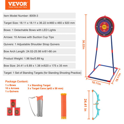 VEVOR Bow and Arrow Set for Kids, LED Light Up Archery Set with 10 Suction Cup Arrows, Indoor Outdoor Toy for Boys Girls Age 4-8 8-12 with Standing Target & Quivers, Ideal Gift for Kids 6 7 8 9 10+
