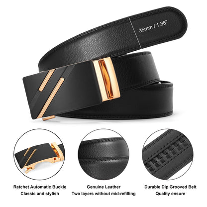 GAEKEAO Men's Ratchet Belt Genuine Leather 1 3/8" Slide Belt for Men Automatic Adjustable Click Buckle Belts for Dress Casual Trim to Fit