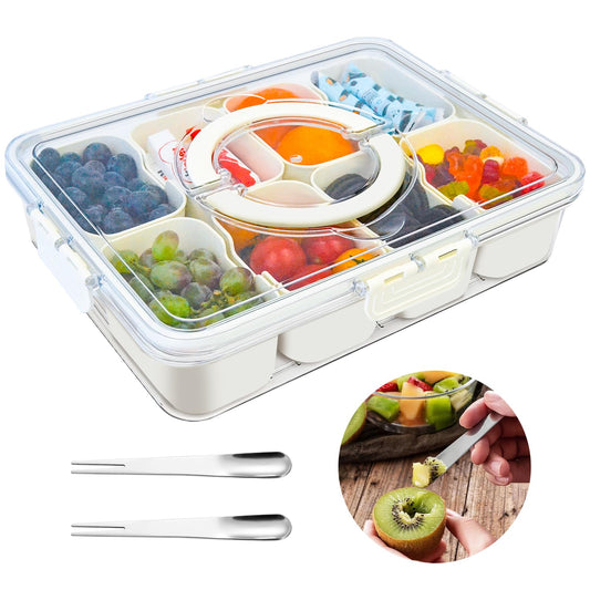 Divided Serving Tray with Lid and Handle & 2 Dual Use Forks, Snackle Box with 8 Compartments, Snack Divider Container with Lid, Snackle Box Container for Travel, Party, Picnic, Camping