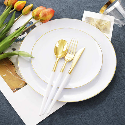 LIYH 180pcs Gold Plastic Dinnerware,White and Gold Plastic Plates,Gold Plastic Disposable Utensils,Disposable Gold Cups Suit for Wedding Party Birthday 30 Guests