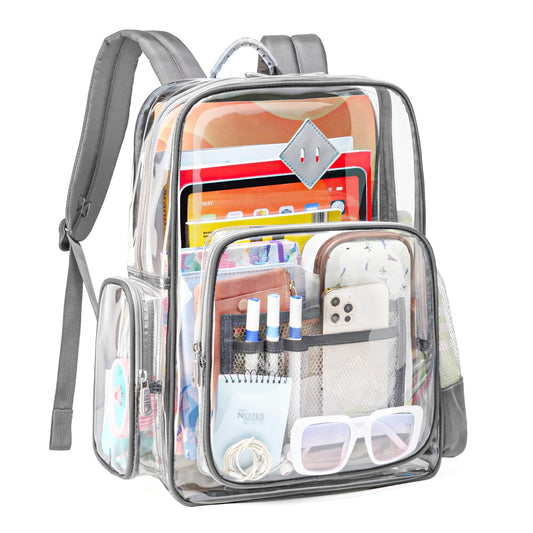 ASKSKY Large Clear Backpack for Men, Heavy Duty PVC Transparent Bookbag for Women Stadium Approved See Through Back Pack Fits 16 inch Laptop for School Work Travel, Gray