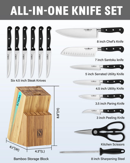 Cook N Home Kitchen Knife Set with Bamboo Storage Block 15-Piece, High Carbon Stainless Steel Blade, Black