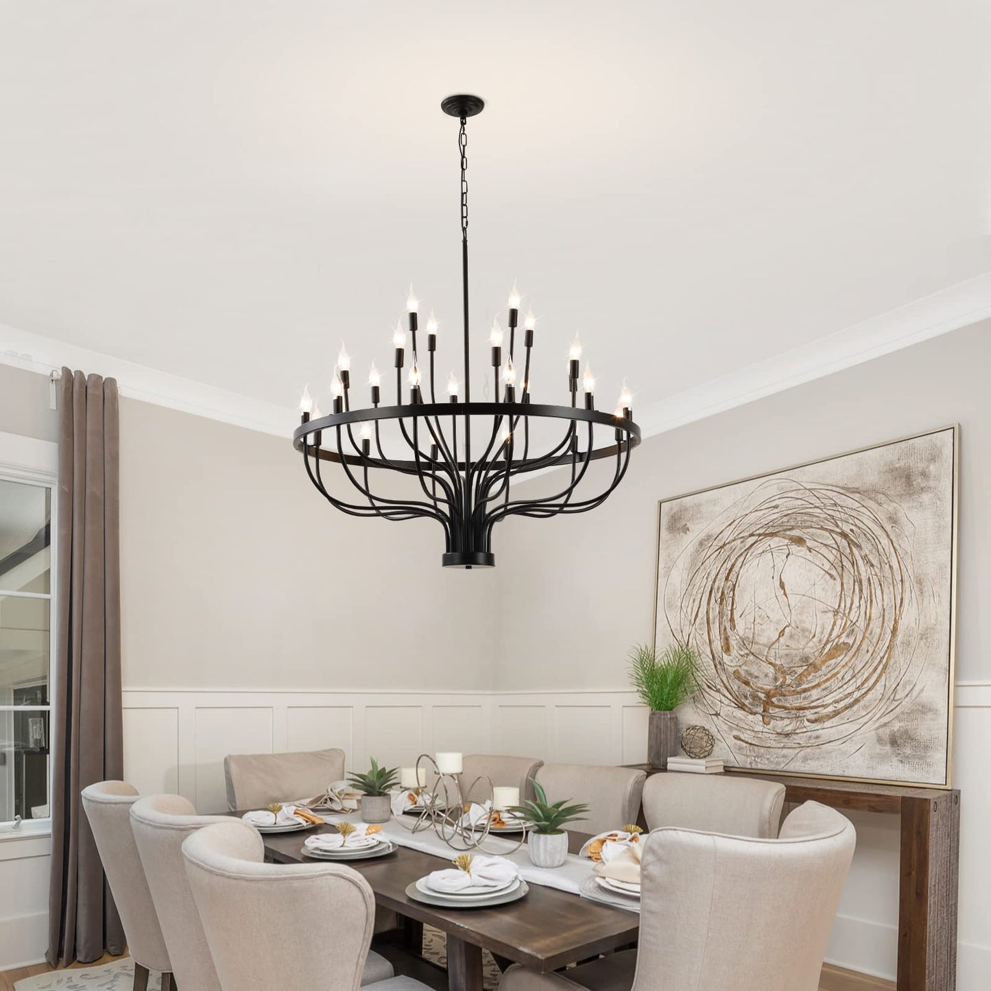 Peonacy Black Farmhouse Chandelier 24 Light, Large Modern Candle Industrial Round Iron Chandeliers Wagon Wheel Chandelier 39 inch for Dining Room Living Room High Ceilings Foyer Entryway