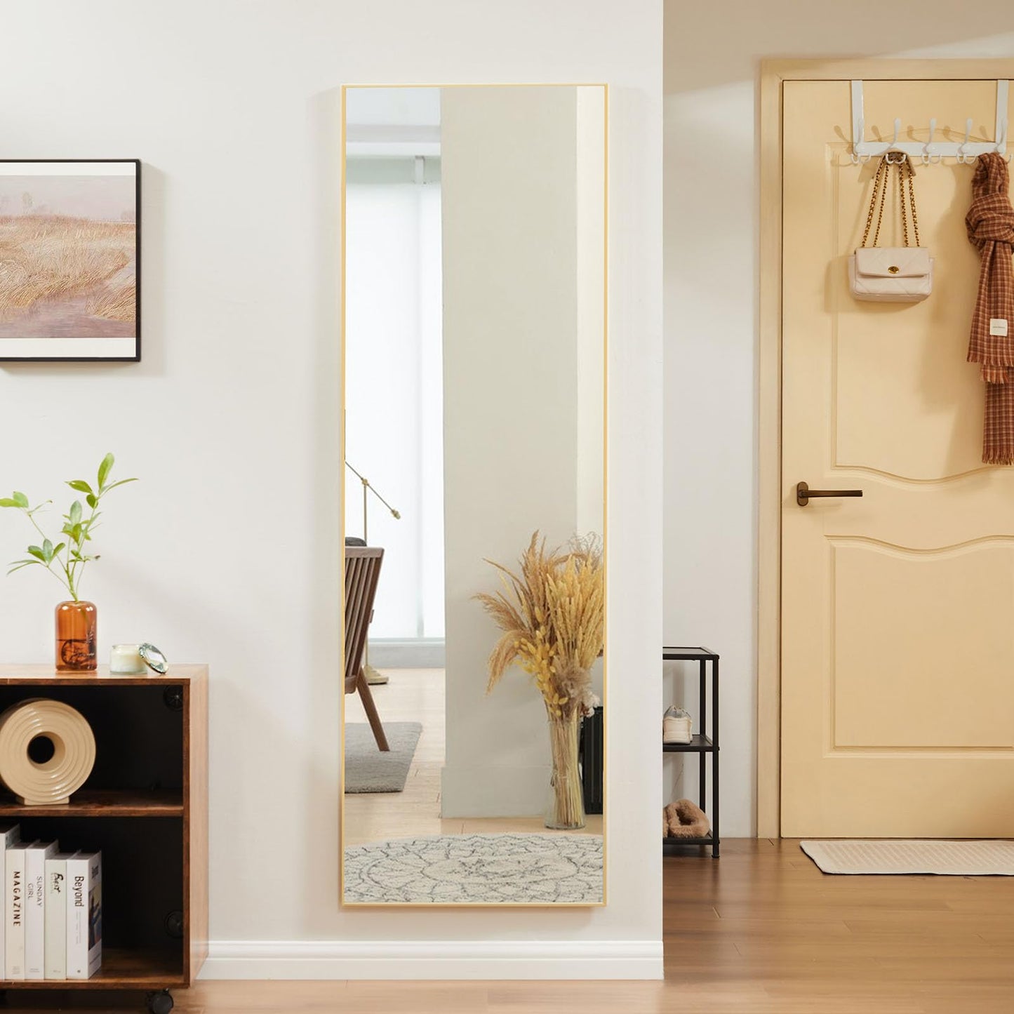 Sweetcrispy 59"x16" Full Length Mirror Full Body Floor Mirror Standing Hanging or Leaning Wall Mirror with Stand Aluminum Alloy Thin Frame for Bedroom Cloakroom, Gold
