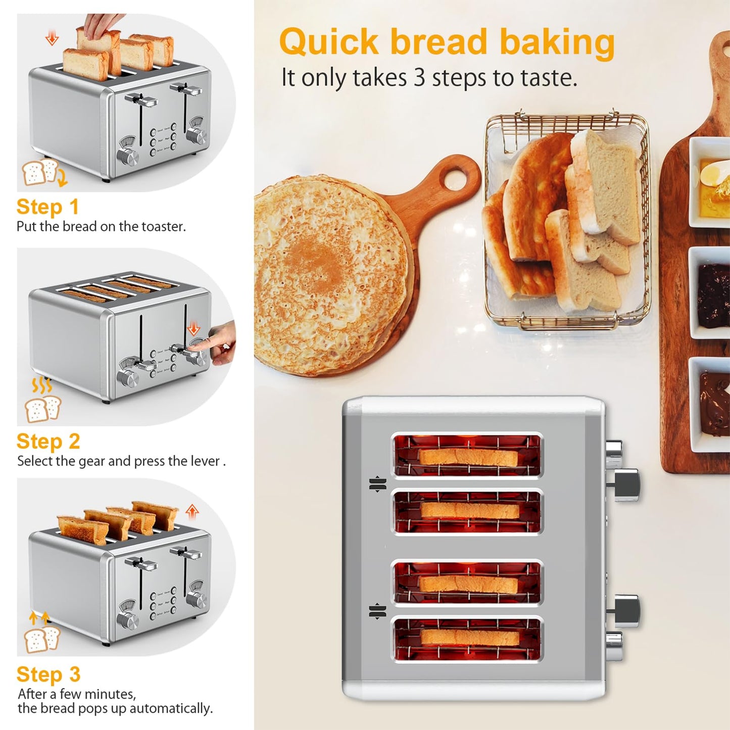 WHALL Toaster Stainless Steel, 6 Bread Shade Settings, Bagel/Defrost/Cancel Function, 1.5in Wide Slot, High Lift Lever, Removable Crumb Tray, for Various Bread Types(silver)