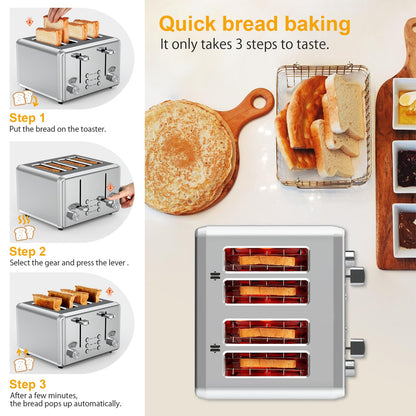 WHALL Toaster Stainless Steel, 6 Bread Shade Settings, Bagel/Defrost/Cancel Function, 1.5in Wide Slot, High Lift Lever, Removable Crumb Tray, for Various Bread Types(silver)