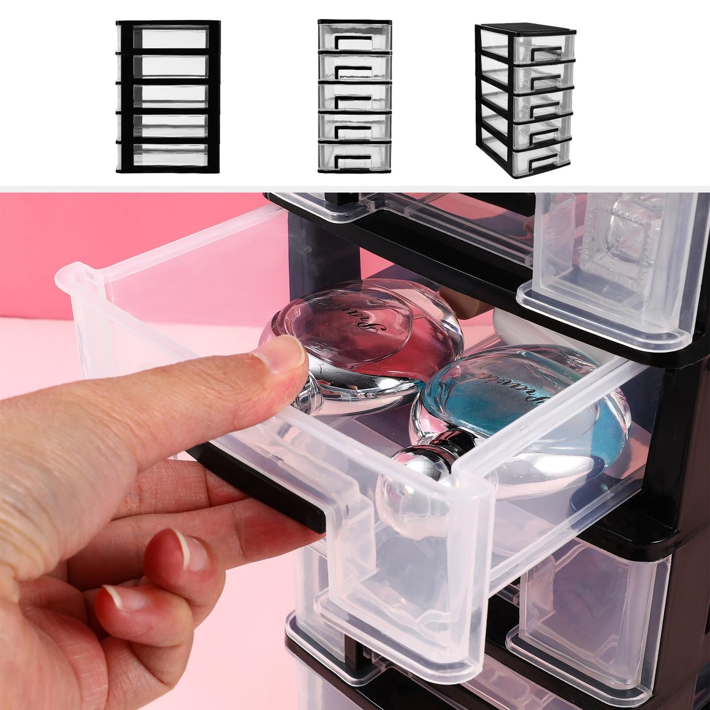 Tofficu Plastic Storage 5 Drawer Storage Tower Multifunctional Storage Cabinet with Clear Drawers Storage Case Organizer for Craft Stationary,5.9×8.5×12.2in (L×W×H)