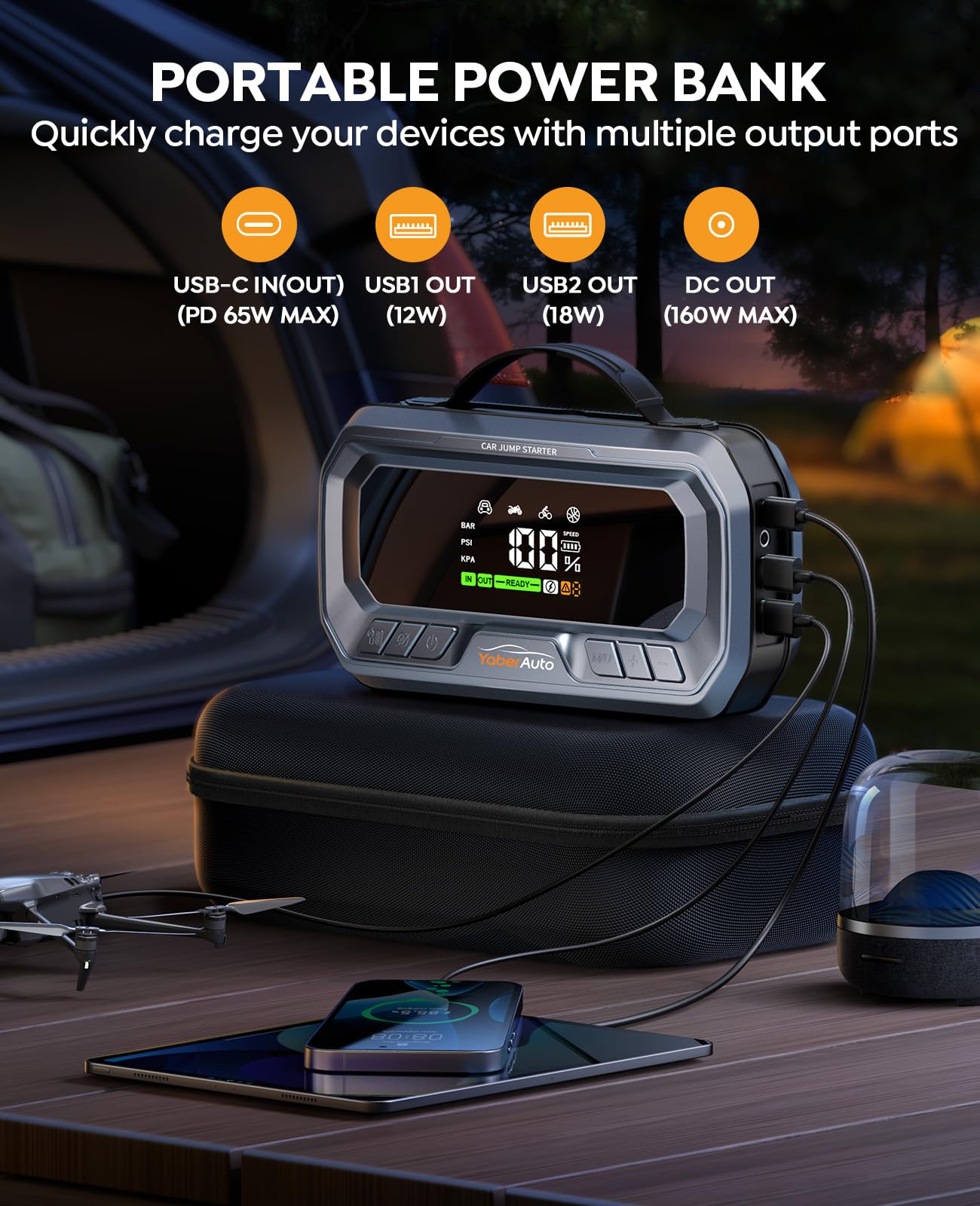 YaberAuto Portable Car Jump Starter with Air Compressor 160PSI, 6000A 65W Charging Car Battery Jump Starter Battery Pack (All Gas/12L Diesel) Jump Box Car Battery Jumper Starter Portable, 600lm Lights