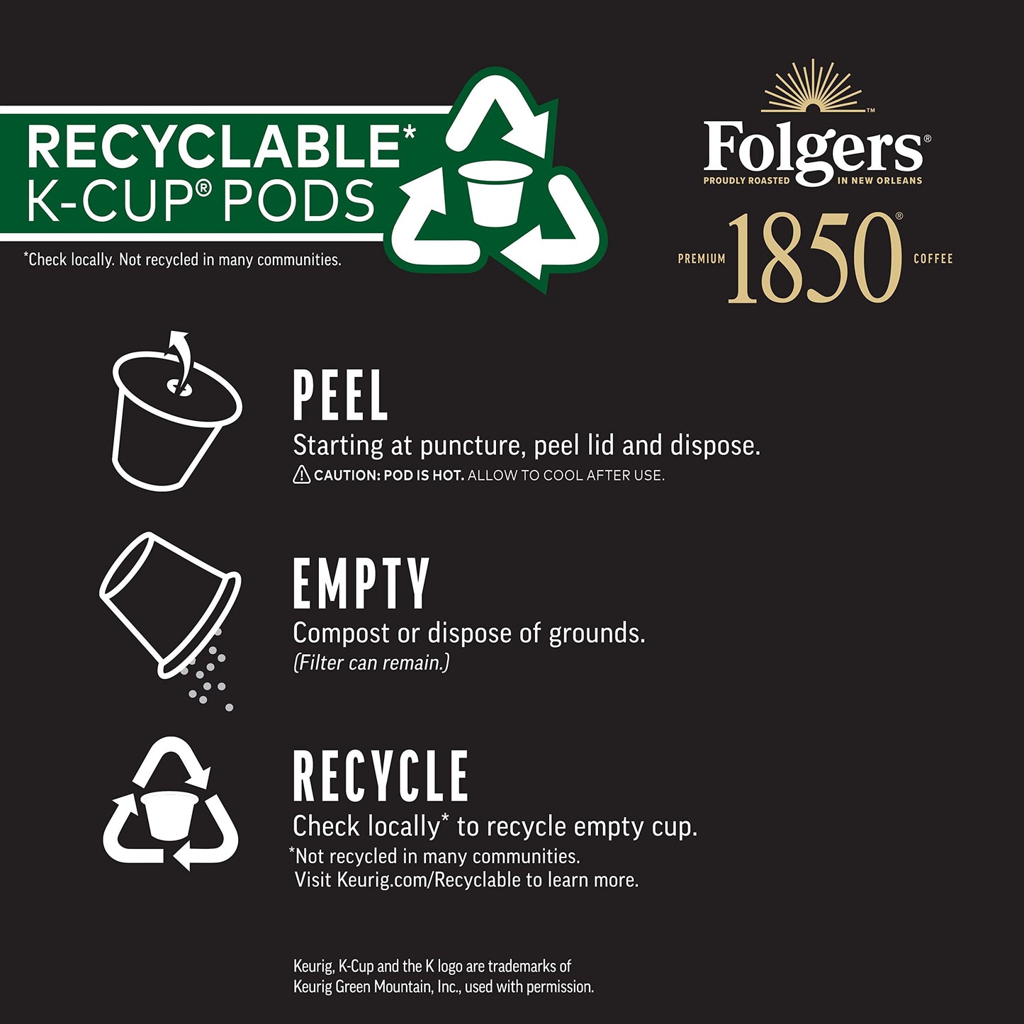 1850 by Folgers Black Gold Dark Roast Coffee, 10 Keurig K-Cup Pods