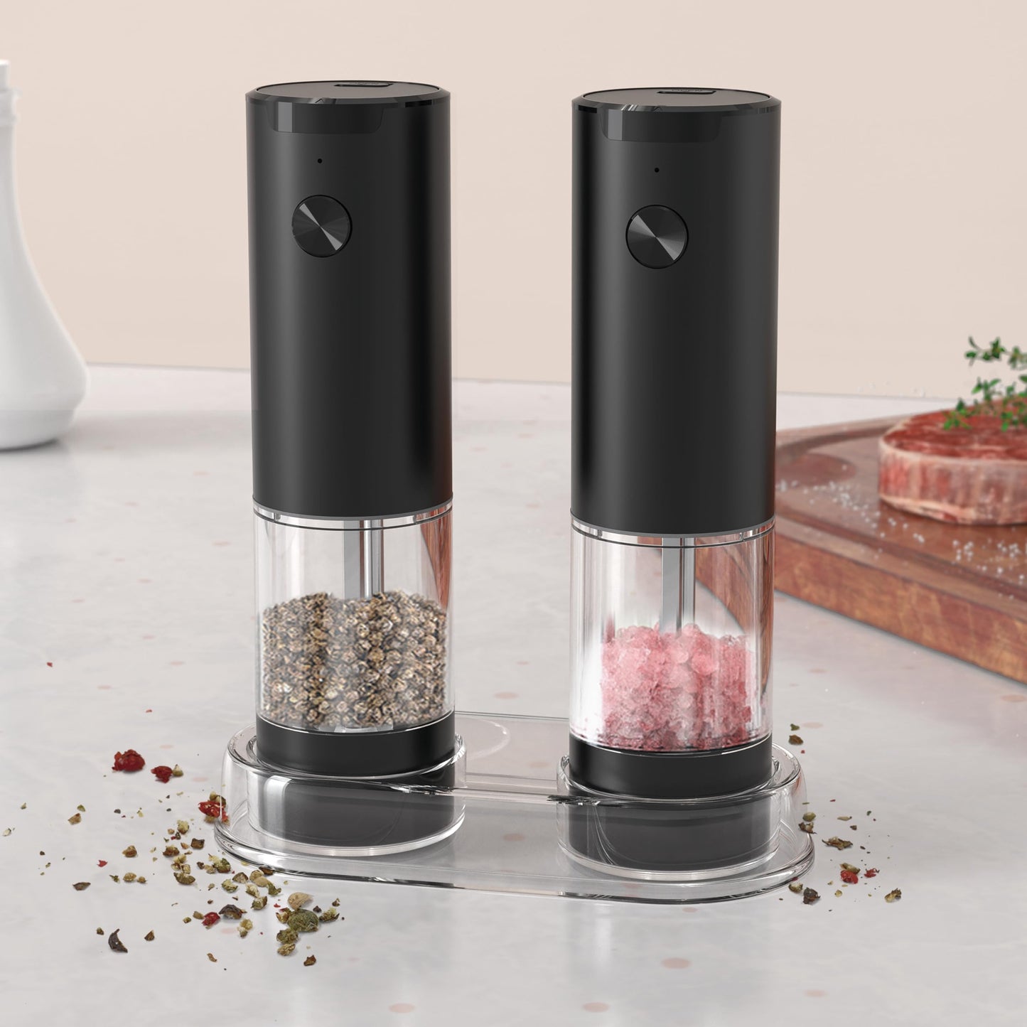 Salt and Pepper Grinder Set, Large Capacity Silo Adjustable Coarseness, Battery Powered with LED Light, One Hand Operated(2 Pack) (ABS+PMMA)