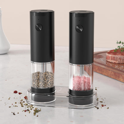 Salt and Pepper Grinder Set, Large Capacity Silo Adjustable Coarseness, Battery Powered with LED Light, One Hand Operated(2 Pack) (ABS+PMMA)