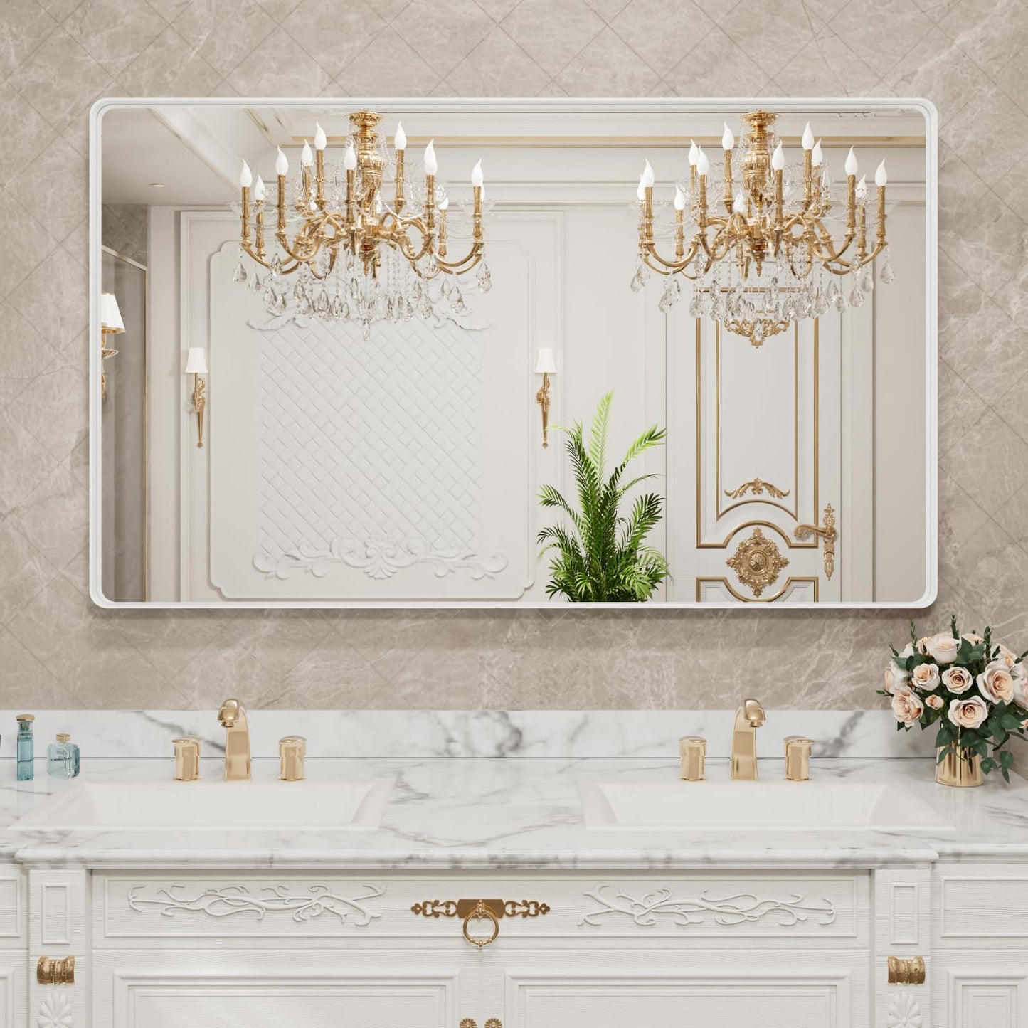 White Rounded Rectangle Bathroom Mirror - 55x36 Inch