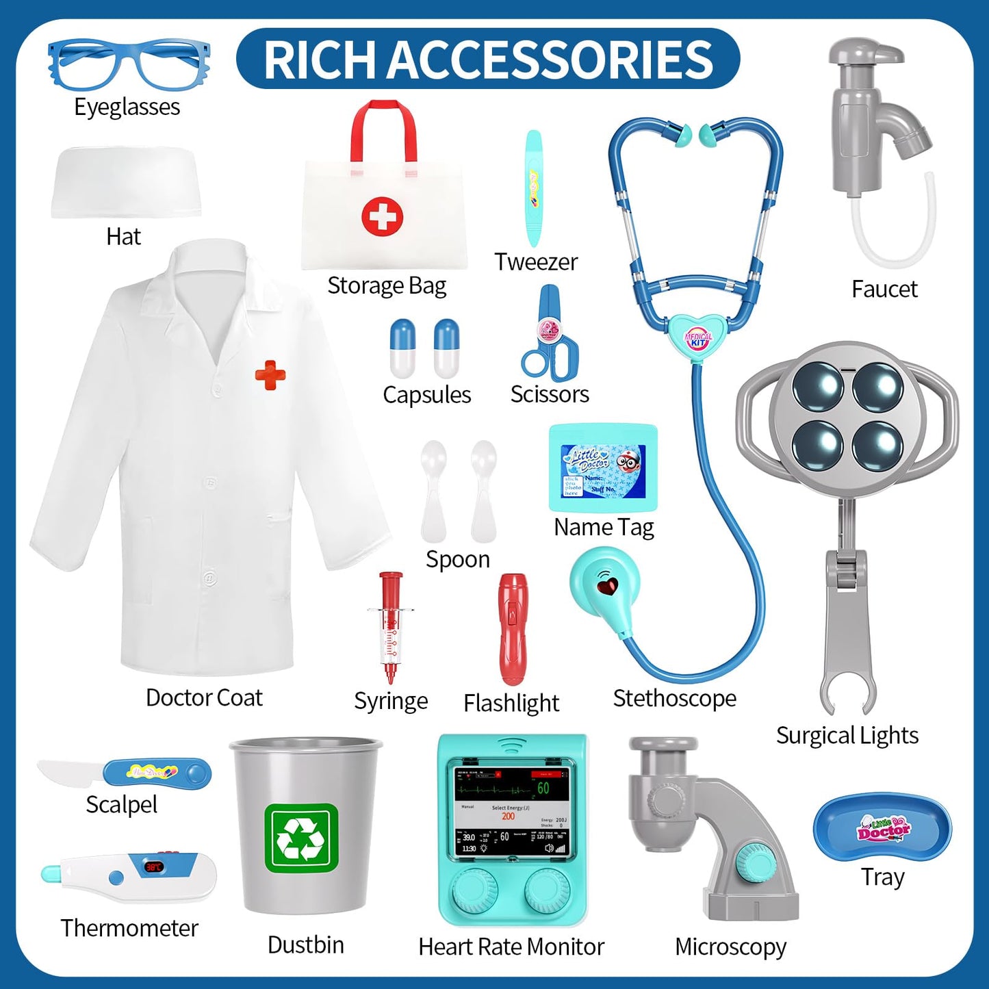 Doctor Kit for Kids Toddlers 3-8, 2 in 1 Kids Doctors Play Set with Costume, Stethoscope and Surgical Light, Pretend Medical Station Set for Boys Girls Birthday