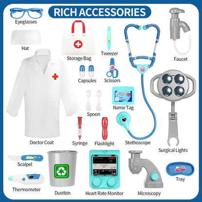 Doctor Kit for Kids Toddlers 3-8, 2 in 1 Kids Doctors Play Set with Costume, Stethoscope and Surgical Light, Pretend Medical Station Set for Boys Girls Birthday