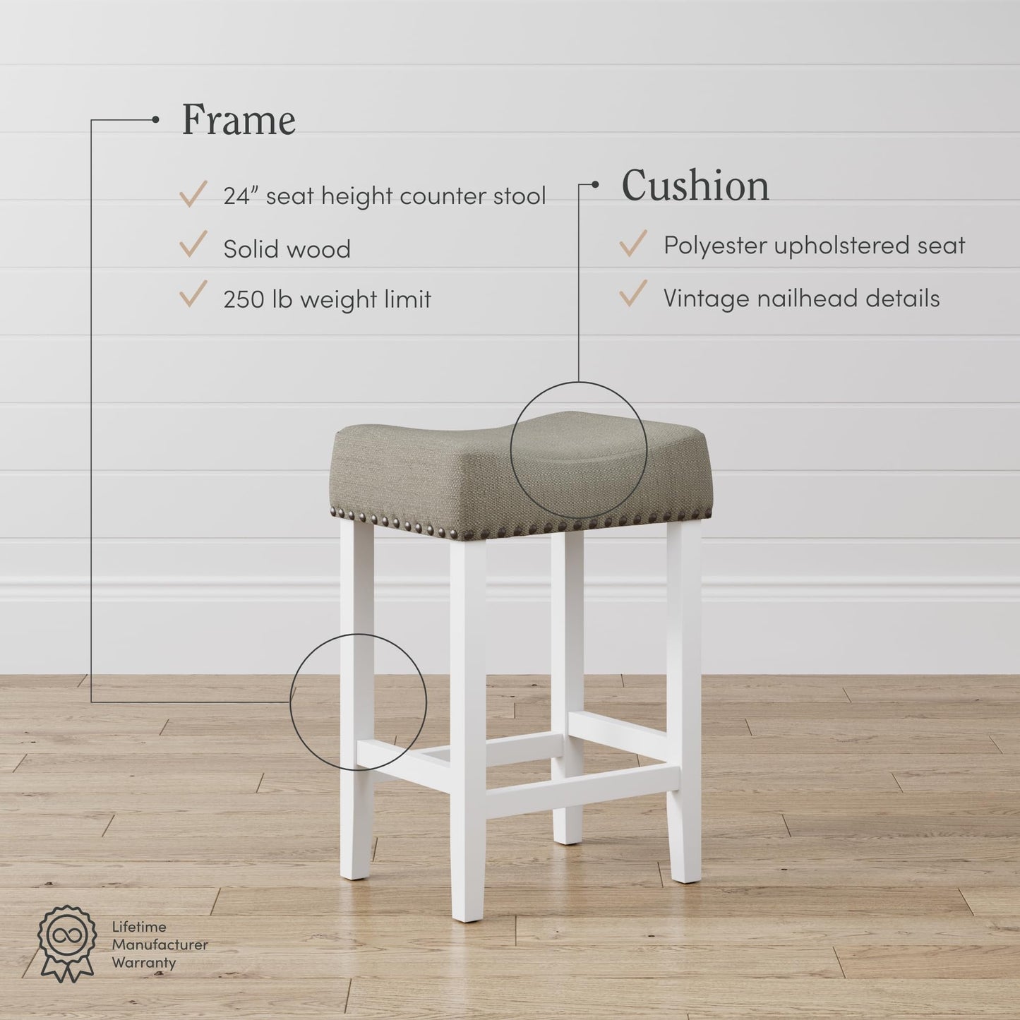 Nathan James Hylie Nailhead Wood Counter Height Kitchen Bar Stool, 24", Gray/White