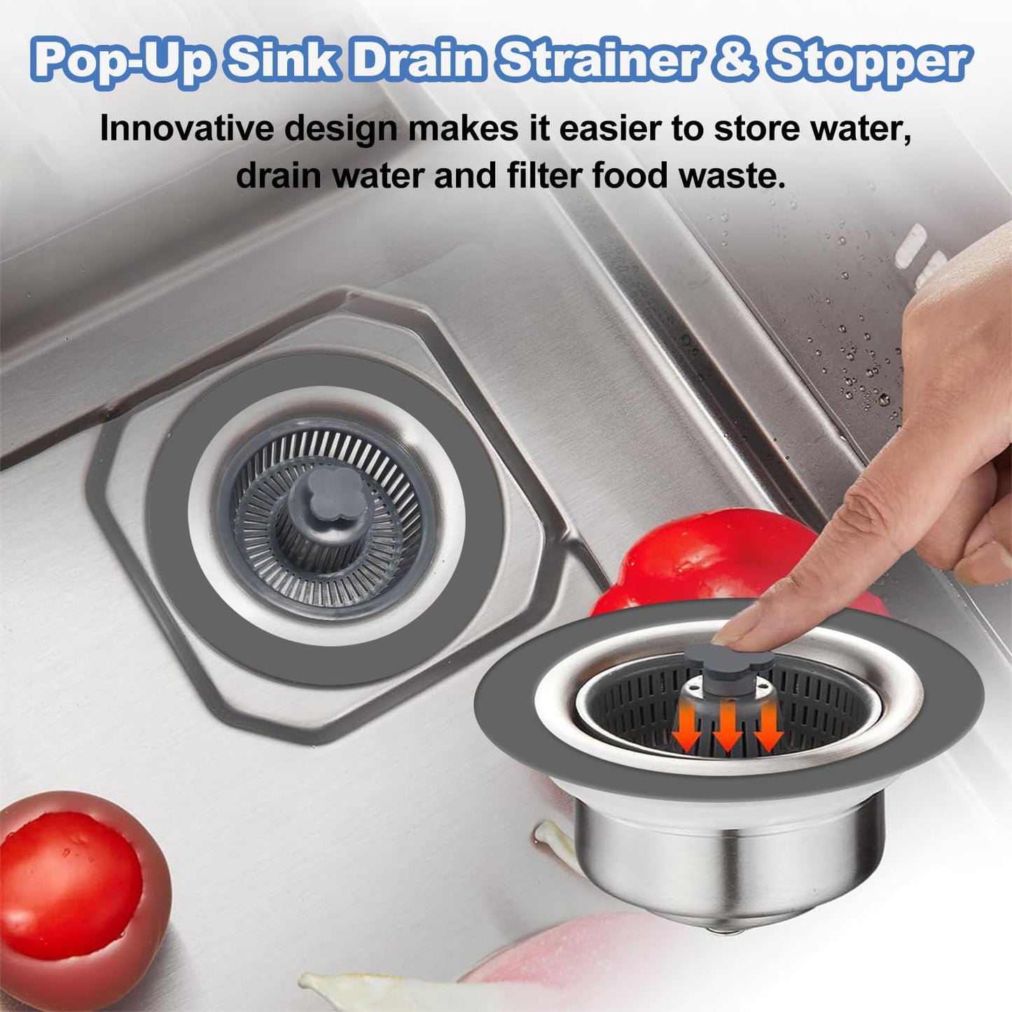 YRAKOZIN 3 in 1 Kitchen Sink Drain Strainer & Stopper Set, 304 Stainless Steel Pop-Up Sink Stopper with Anti-Clog Filter Basket for US Standard 3-1/2 Inch Drain